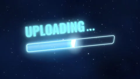 Animated blue neon uploading progress bar filling with glowing particles on dark 스톡 동영상 347193701