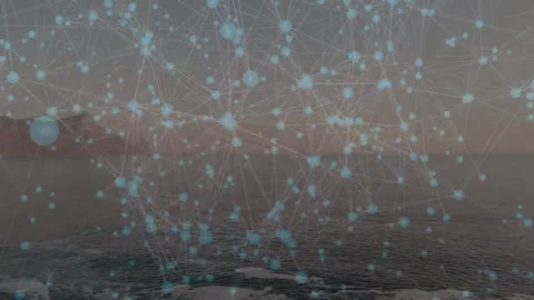 Animated blue nodes and lines pulsing, reconfiguring over foam, time progression Stock Footage 333078069
