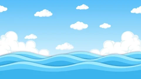 Animated blue ocean waves under bright sky with fluffy white clouds moving .. Stock Footage 332757413