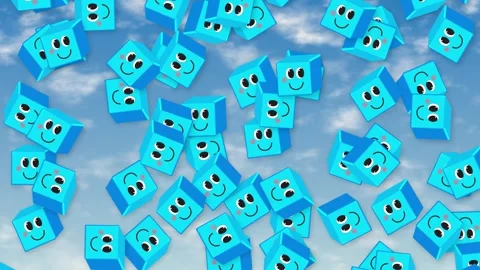 Animated Blue Smiling Cubes Falling Through a Cloudy Blue Sky 動画素材 345300625