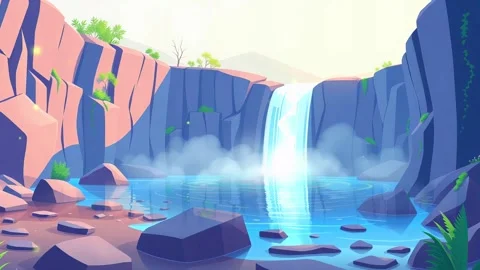Animated Blue Waterfall: A Tranquil Scene with Rocky Cliffs and Lush Greenery Stock Footage 330319629