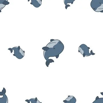 Animated blue whale illustrations creating a whimsical seamless pattern on .. Stock Illustration