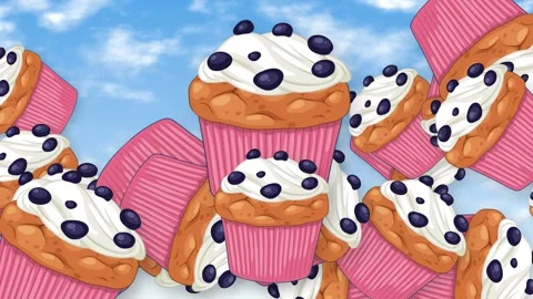 Animated Blueberry Muffins Falling Through a Bright Blue Sky Stock Footage 345041452