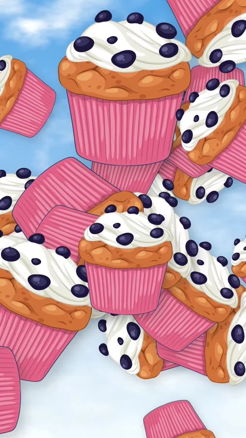 Animated Blueberry Muffins Falling Through a Bright Blue Sky Stock Footage 345316863