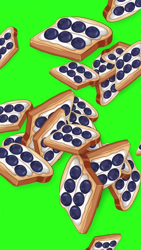 Animated Blueberry Toast Dessert Objects Falling on Green Screen Background Stock Footage 346571558