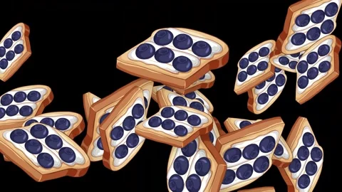 Animated Blueberry Toast Slices Falling Against a Black Background Stock Footage 344845547