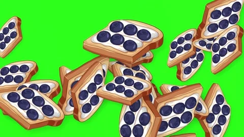 Animated Blueberry Toast Slices Falling Against a Green Screen Background Stock Footage 345120441
