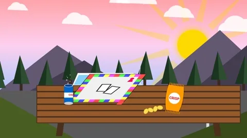 Animated Board Game On Park Bench With Snacks During Sunset Loop Stock Footage 341265355