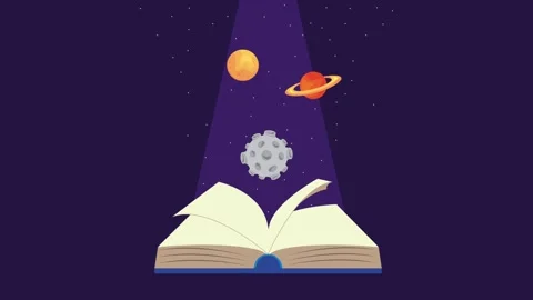 Animated book opening to reveal outer space with moon and planets in flat s.. Stock Footage 334521372