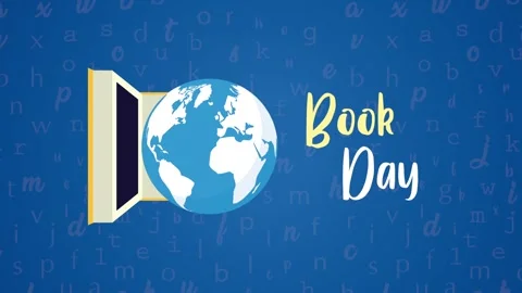 Animated book opens revealing glowing earth with text book day motion graphic Stock-Footage 338400908