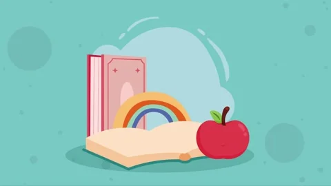 Animated book with rainbow and apple for back to school educational content.. Stock Footage 338365596