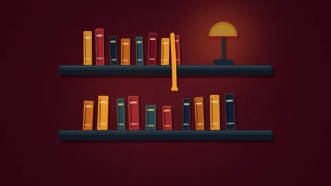 Animated bookshelf with a swinging bookmark under warm lamp light Stock Footage 344328185