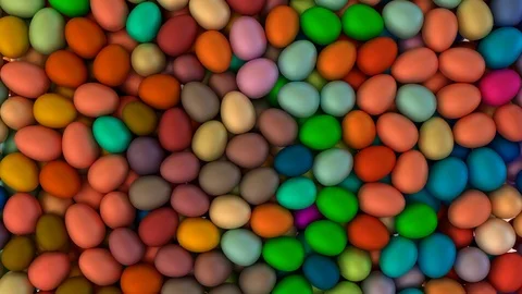 Animated bottom view and flying over pile of a lot of Easter colorful plain eggs Stock Footage 104041831