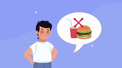 Animated boy choosing to avoid fast food burger and soda for healthy habits.. Stock Footage 339272686