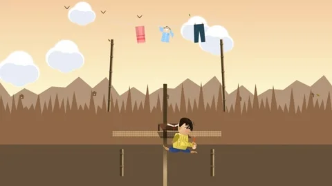 Animated Boy Playing Volleyball Over Makeshift Net In Sunset Landscape Stock Footage 340970779