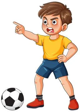 Animated Boy Pointing and Standing Beside Soccer Ball Stock Illustration