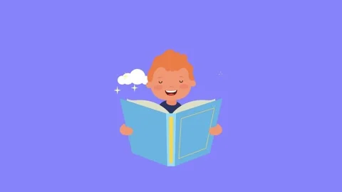 Animated boy reading an open book with floating clouds and glowing stars on.. Stock Footage 339081262