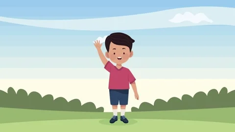 Animated boy waving hand in park landscape motion graphic. Video stock 338425319