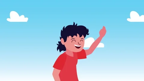 Animated boy waving hello on a bright sunny day with fluffy clouds and blue.. Stock Footage 333806689
