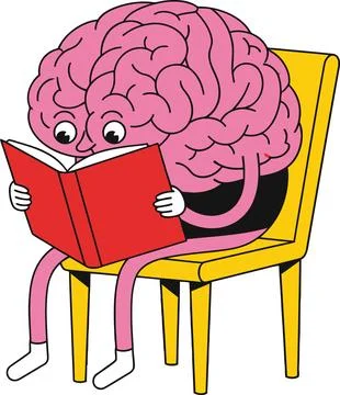 Animated brain character reading a vibrant red book while sitting on a yellow Stock Illustration