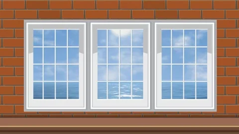 Animated Brick Wall with Windows Overlooking Sunny Ocean View Stock Footage 344848817