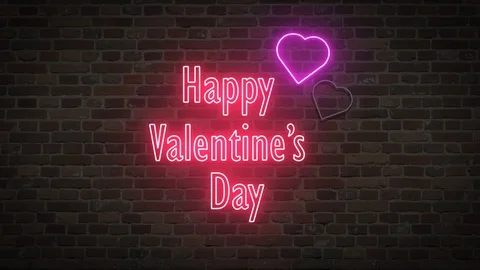 Animated bright neon text on wall. Happy valentine's day, love, romance. Stock Footage 123144394