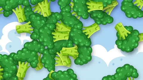 Animated Broccoli Florets Falling Against a Blue Sky with Clouds Stock Footage 340006173