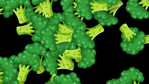 Animated Broccoli Florets Falling Downward Against a Solid Black Background Stock Footage 340967808