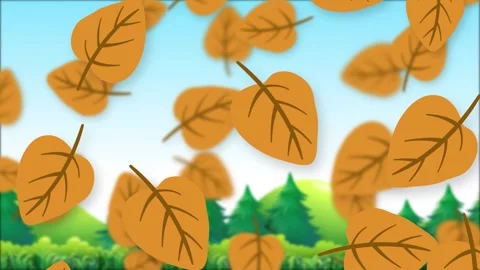 Animated Brown Autumn Leaves Falling Over a Stylized Green Forest Background Stock Footage 345118041