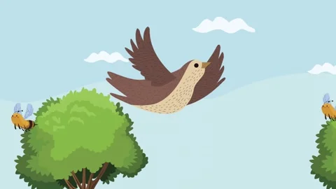 Animated brown bird flying in blue sky with cute bees and green trees backg.. Vidéo 334539894