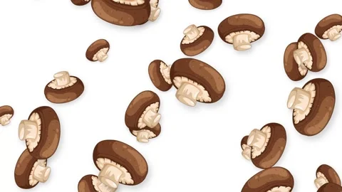 Animated Brown Cremini Mushrooms Falling Against a Plain White Background Stock Footage 344835185