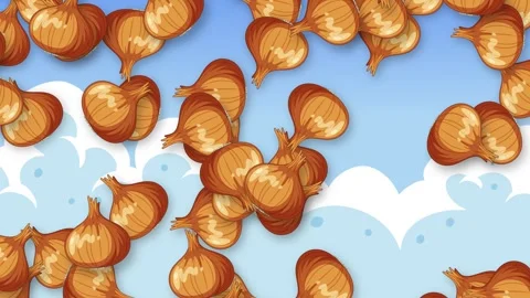Animated Brown Onions Falling Against Blue Sky and White Clouds Background Stock Footage 339523488