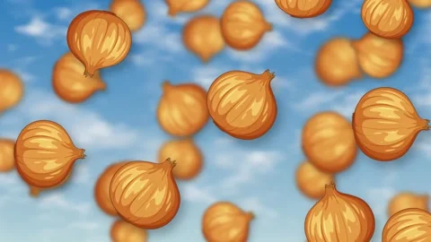 Animated Brown Onions Falling Against a Blue Sky with Clouds Stock Footage 344936595
