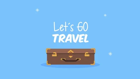 Animated brown vintage suitcase with lets go travel typography on blue back.. Video stock 338313357