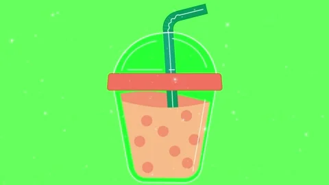 Animated bubble tea cups pattern floating against vibrant green background with Stock Footage 346124098
