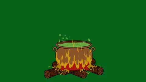 Animated Bubbling Cauldron Green Screen Loop - Fire, Smoke, and Magic Potion VFX Stock Footage 319405397