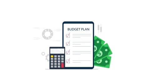 Animated Budget Plan Checklist with Calculator and Money Stock Footage 343696171