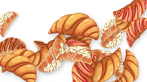 Animated Burst of Assorted Croissants and Pastries on White Background Stock Footage 345307883