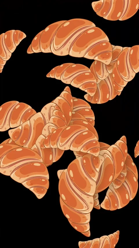 Animated Burst of Falling Croissants on a Solid Black Background Stock Footage 345208574