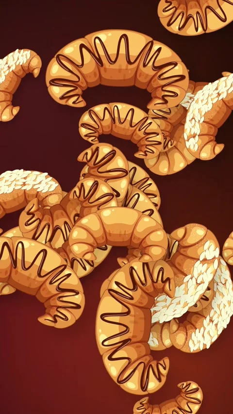 Animated Burst of Glazed and Chocolate Drizzled Croissants on Red Background Stock Footage 344230955