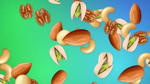 Animated Burst of Mixed Nuts Falling Over Vibrant Gradient Background Stock Footage 345311220