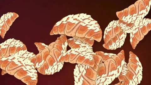 Animated Bursting Croissants Falling Over Dark Mesh Background Stock Footage 345041501