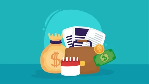 Animated business elements including money bag, briefcase, papers, calendar.. Stock Footage 339062663