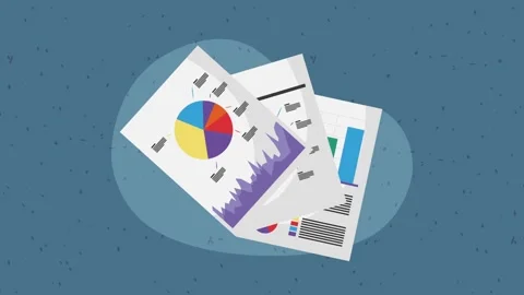 Animated business reports and data visualization documents falling on blue .. Video stock 333721827