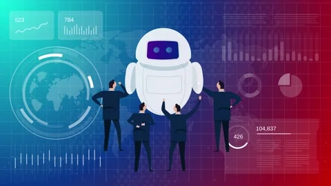 Animated business team analyzing artificial intelligence robot assistant Vídeo Stock 325365482