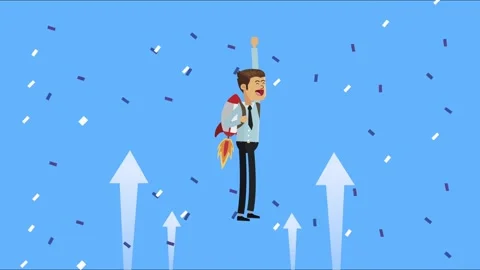 Animated businessman flying with rocket jetpack and celebrating success aga.. Stock Footage 334160948