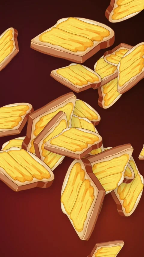 Animated Buttered Toast Slices Falling Against a Dark Red Background Video stock 345038092