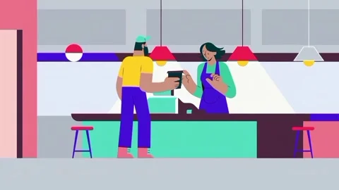 Animated Café Interaction – Customer and Staff Using Digital Devices Stock Footage 326989991