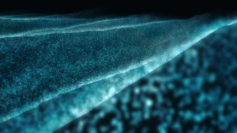 Animated camera flying over cyan particle dunes with glowing crests on black Stock-Footage 347256454