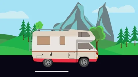 Animated camper van driving through a scenic mountain landscape and hills Stock Footage 346606675